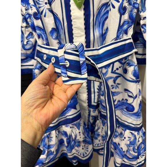 FARM Rio Garden Tiles Bell Sleeve Mini Dress Blue White Sz Large New - Picture 10 of 11